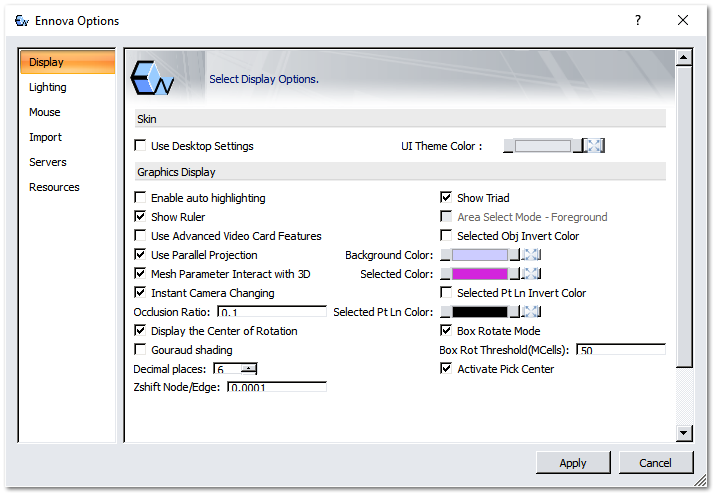 Ennova Options window